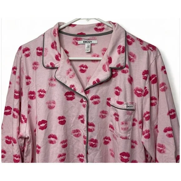 DKNY Womens XL Pink Kiss Print Pajama Top Cotton & Modal Long Sleeve Button-Up - Picture 2 of 9